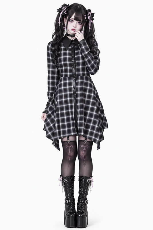 【KILL STAR】Artem Shirt Dress＊タータンチェック柄フェイクレザー切替シャツドレス