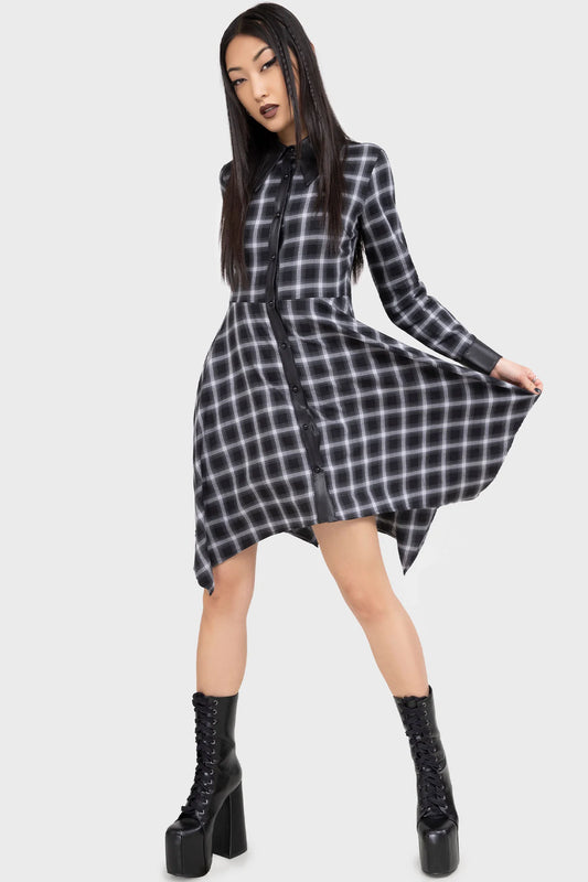【KILL STAR】Artem Shirt Dress＊タータンチェック柄フェイクレザー切替シャツドレス