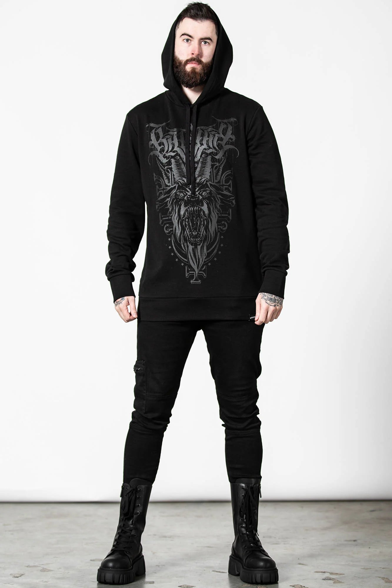 【KILL STAR】BELLOW LONGLINE HOODIE[UNISEX]＊サタニックプリントロングフーディー