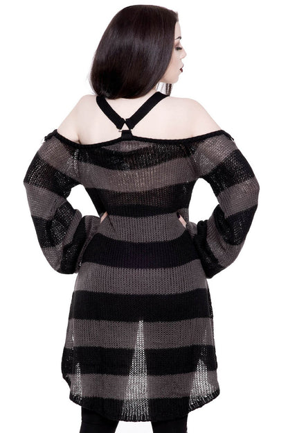 【KILL STAR】JOAN KNIT TUNIC＊ダメージ加工コールドショルダーボーダーニット-SIZE:XL