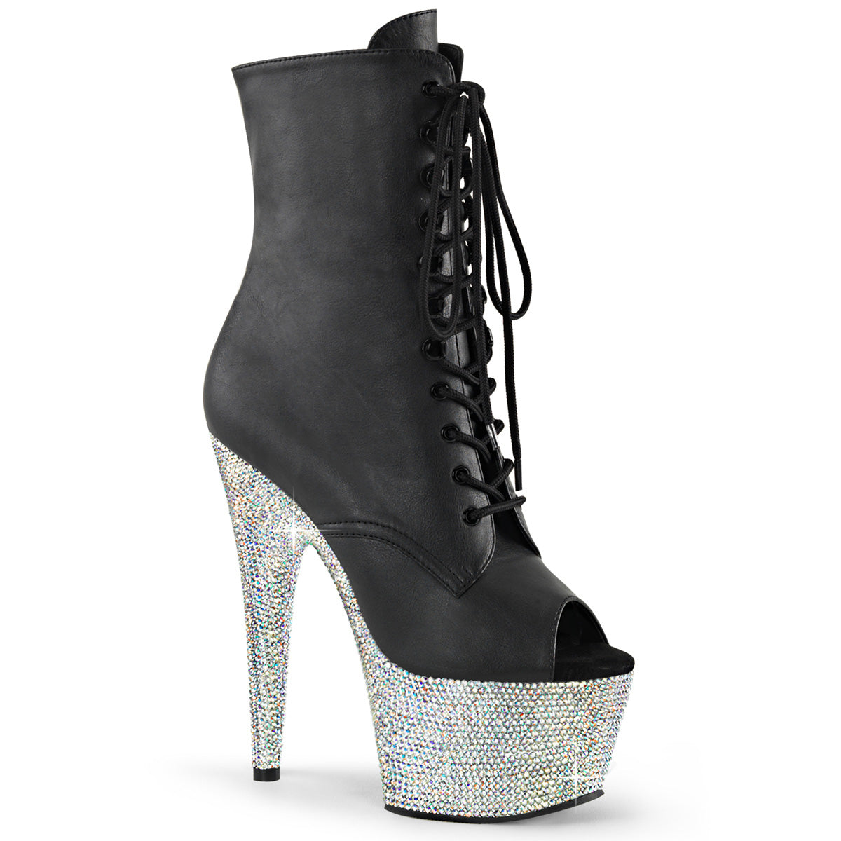 【PLEASER】BEJEWELED-1021-7 プラットフォームシューズ Blk Faux Leather/Slv AB RS【取寄】