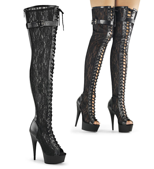 【PLEASER】DELIGHT-3025ML プラットフォームシューズ Blk Faux Leather-Mesh-Lace/Blk Matte【取寄】
