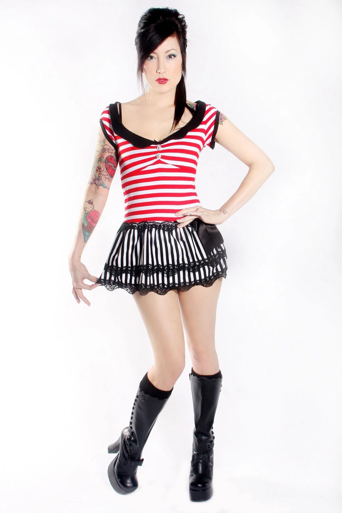 Panda button/stripe switching dress [B]